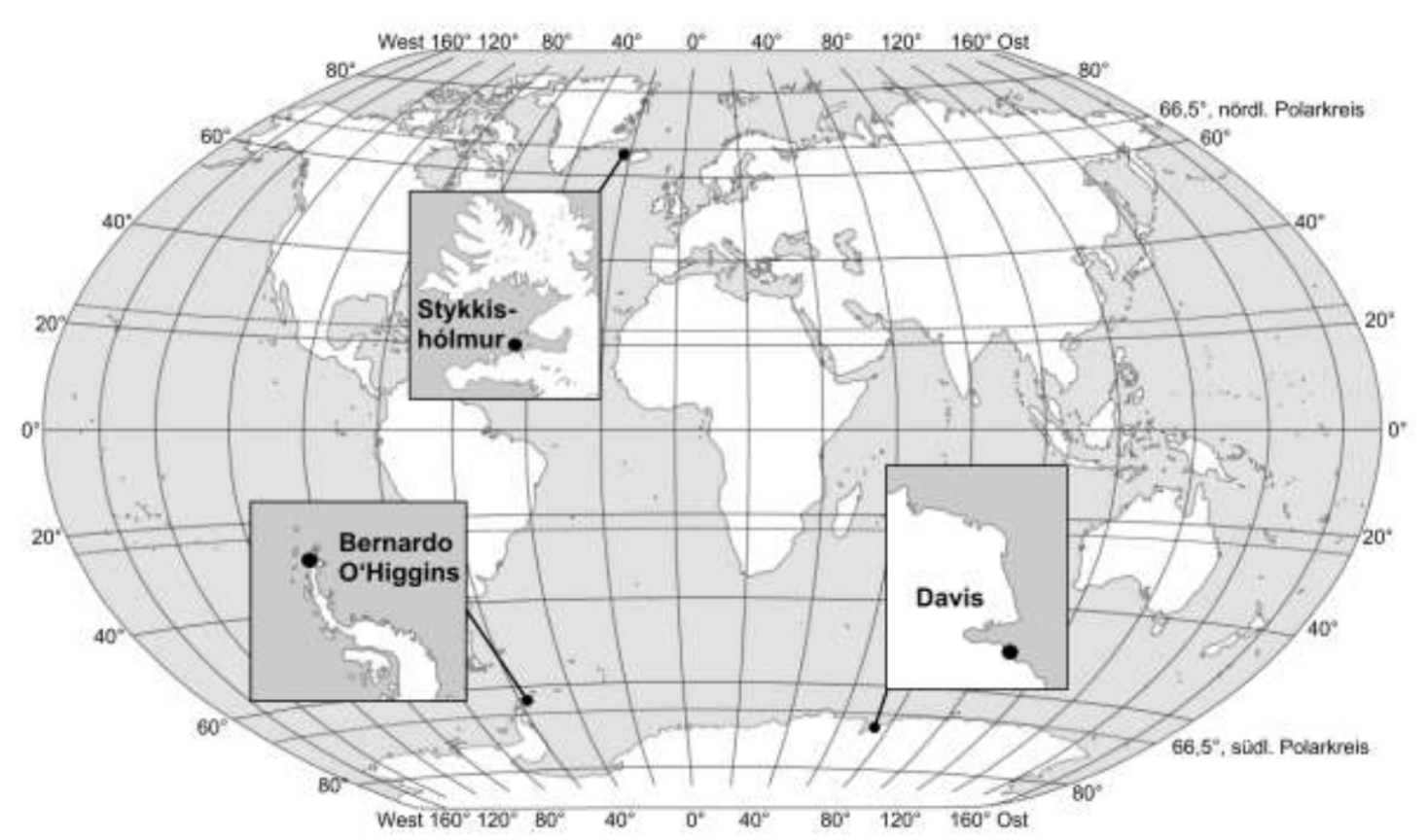 Weltkarte mit Gitternetz und drei markierten Orten (Stykkishólmur, Bernardo O'Higgins, Davis)
